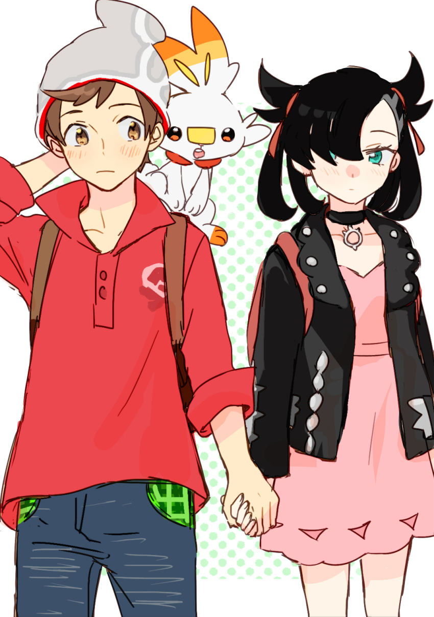 1boy, 1girl, arm_behind_head, asymmetrical_bangs, backpack, bag, beanie, black_choker