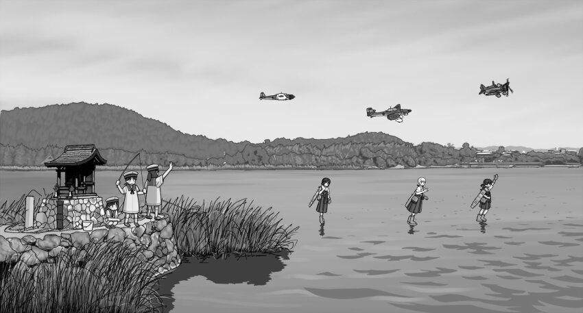 6+girls, aircraft, airplane, bomber, daitou_(kancolle), dress, fishing_rod, flight_deck