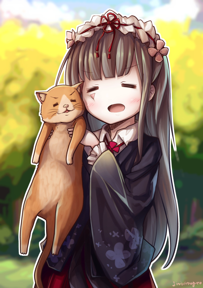 1girl, =_=, absurdres, aoi_mokuren, black_hair, blunt_bangs, blurry, blurry_background