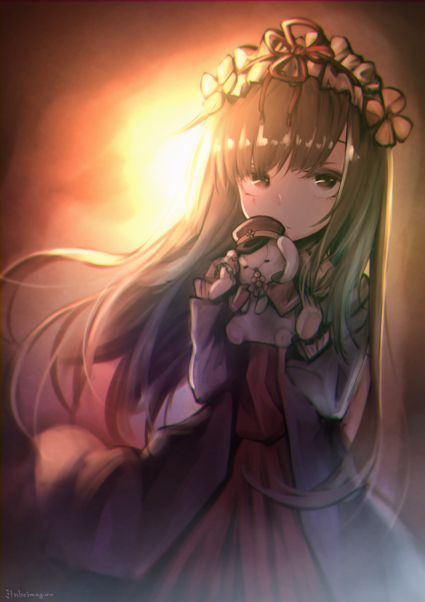 1girl, absurdres, aoi_mokuren, backlighting, black_hair, blunt_bangs, capelet, child