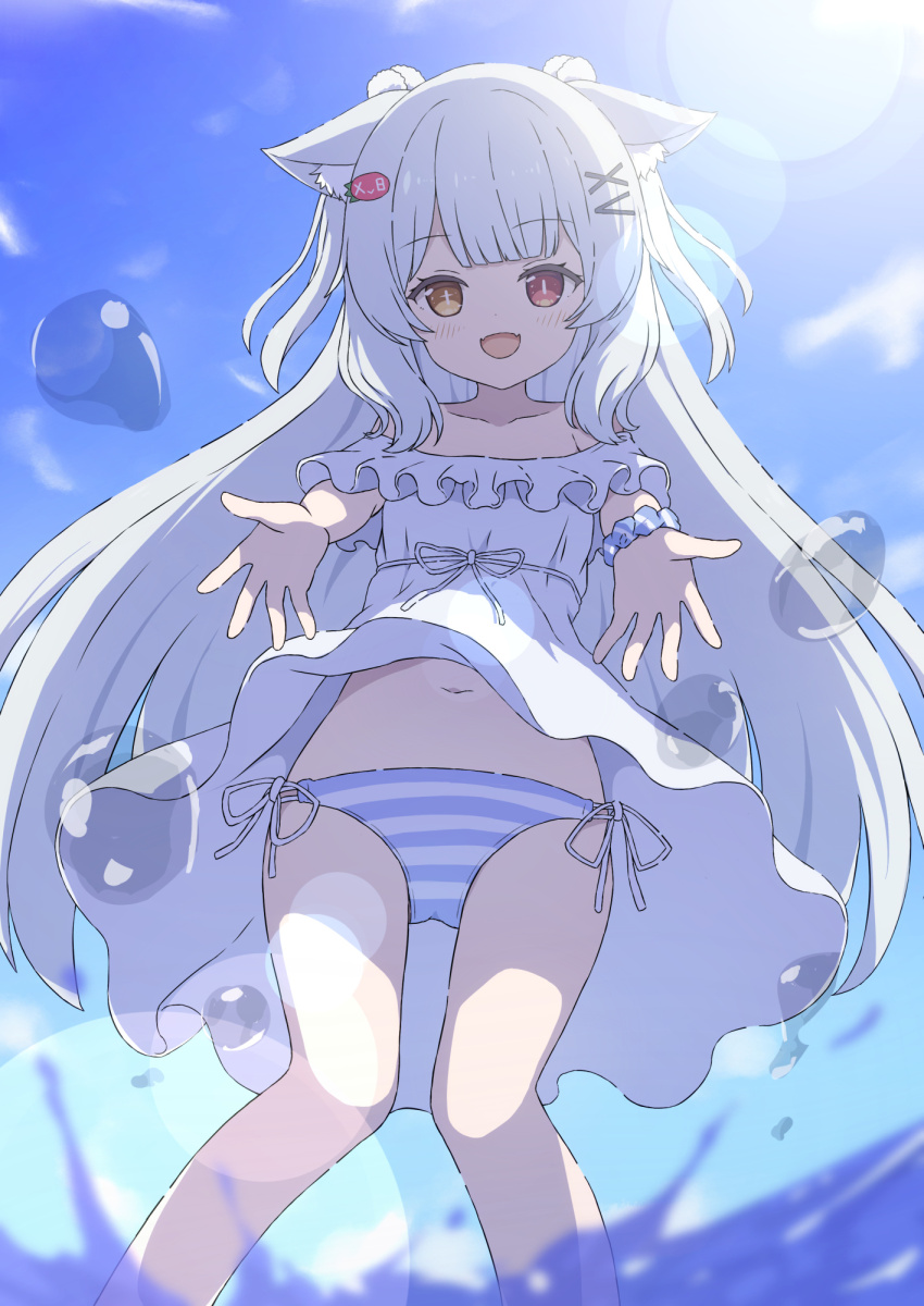 1girl, :d, animal_ear_fluff, animal_ears, blue_panties, blue_sky, blush, cat_ears