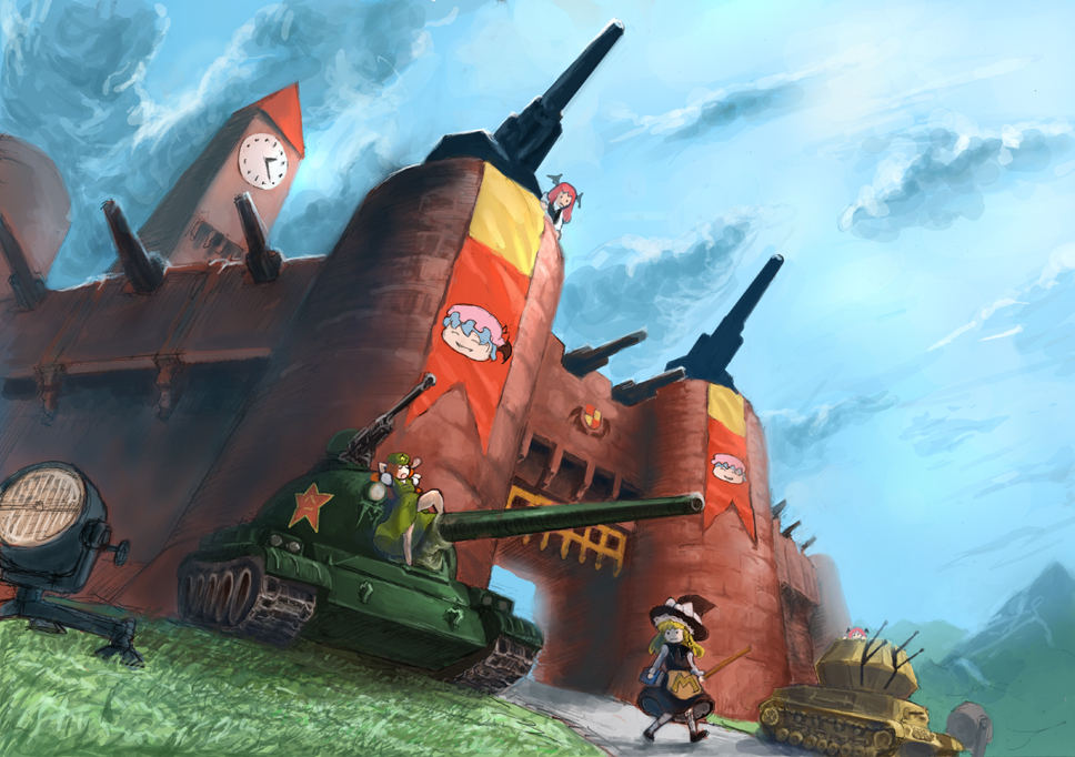4girls, artillery, banner, cannon, castle, caterpillar_tracks, clock, clock_tower, cloud, dual_persona, dutch_angle, embodiment_of_scarlet_devil, enajii, female_focus, flag, flakpanzer_iv_wirbelwind, flakvierling_anti-air_gun, hong_meiling, kirisame_marisa, koakuma, military, military_vehicle, motor_vehicle, multiple_girls, outdoors, remilia_scarlet, scarlet_devil_mansion, sky, sleeping, tank, touhou, tower, type_59_(tank), vehicle, yukkuri_shiteitte_ne