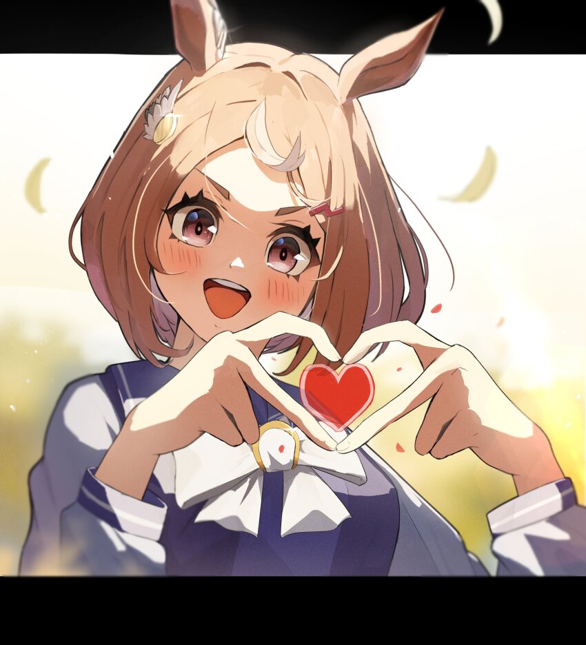 1girl, :d, animal_ears, blush, bow, bowtie, brown_hair, hair_between_eyes