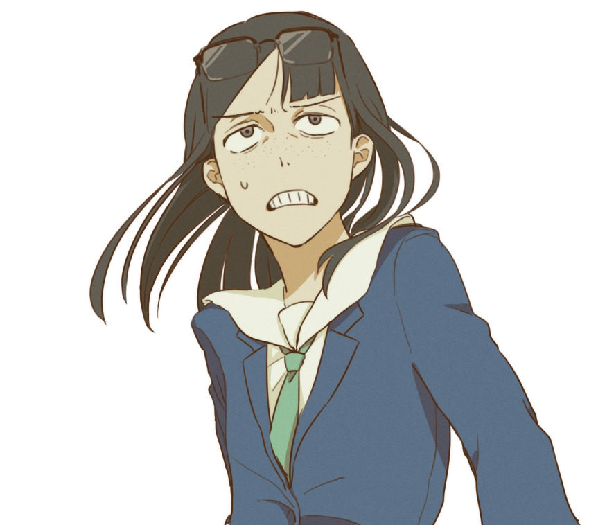 ajino_(mmh444_nu), asymmetrical_bangs, black_hair, blazer, blue_jacket, breasts, close-up, dress_shirt, eizouken_ni_wa_te_wo_dasu_na!, eyewear_on_head, floating_hair, freckles, frown, furrowed_brow, glasses, green_necktie, grimace, jacket, kanamori_sayaka, long_hair, looking_ahead, looking_up, necktie, over-rim_eyewear, parted_lips, rectangular_eyewear, sailor_collar, sanpaku, school_uniform, semi-rimless_eyewear, shirt, simple_background, small_breasts, solo, sweatdrop, teeth, white_background, white_sailor_collar, white_shirt