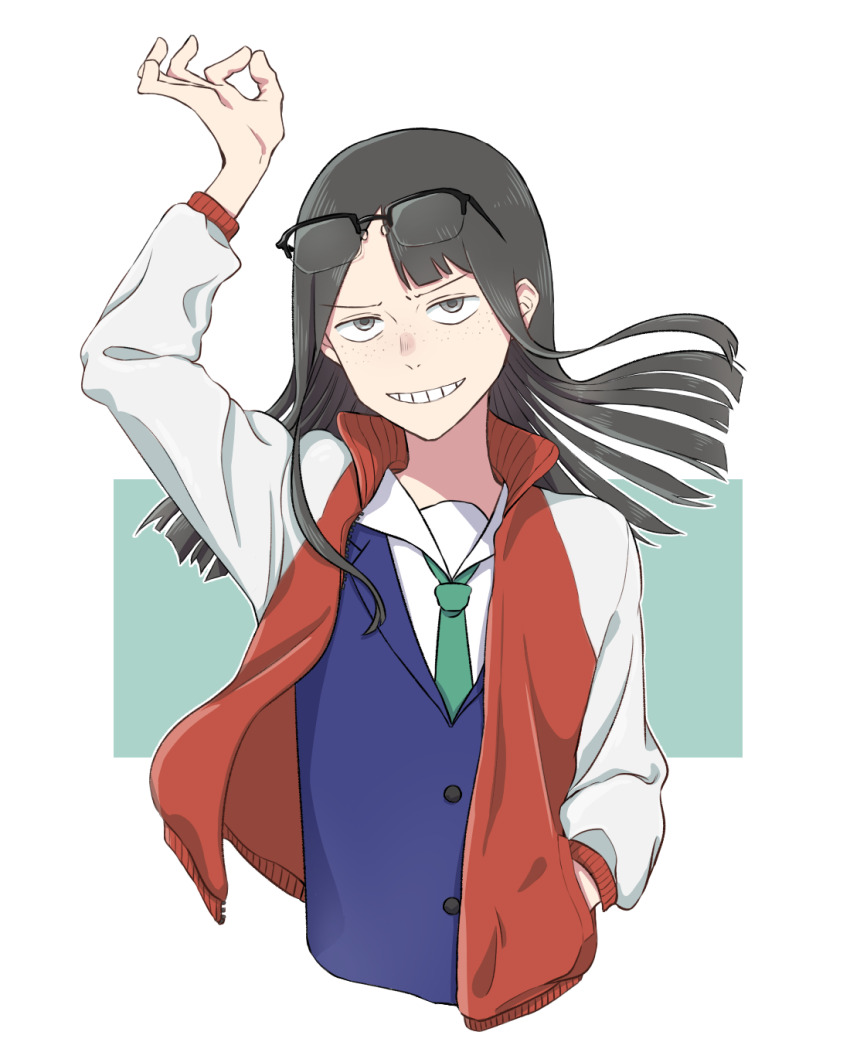 1girl, ajino_(mmh444_nu), arm_up, asymmetrical_bangs, black_hair, blazer, blue_jacket, cropped_torso, dress_shirt, eizouken_ni_wa_te_wo_dasu_na!, eyewear_on_head, floating_hair, freckles, glasses, green_background, green_necktie, grey_eyes, grin, hair_over_shoulder, hand_in_pocket, highres, jacket, kanamori_sayaka, layered_clothes, letterman_jacket, long_hair, looking_at_viewer, multicolored_jacket, necktie, ok_sign, open_clothes, open_jacket, outside_border, over-rim_eyewear, popped_collar, raglan_sleeves, rectangular_eyewear, red_jacket, sanpaku, school_uniform, semi-rimless_eyewear, shirt, smile, solo, teeth, two-tone_jacket, upper_body, v-shaped_eyebrows, white_jacket, white_shirt