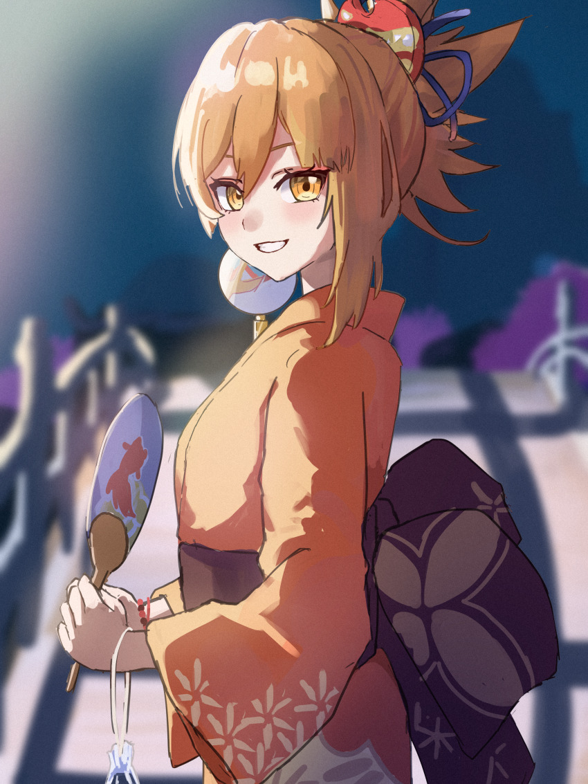 1girl, absurdres, architecture, artist_request, asymmetrical_sidelocks, blonde_hair, breasts, bridge