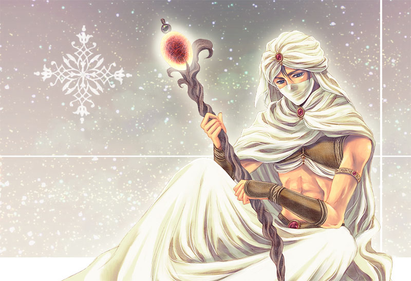 1980s_(style), awatukisei, brown_hair, final_fantasy, final_fantasy_ii, jewelry, male_focus, midriff, minwu, robe, staff, turban