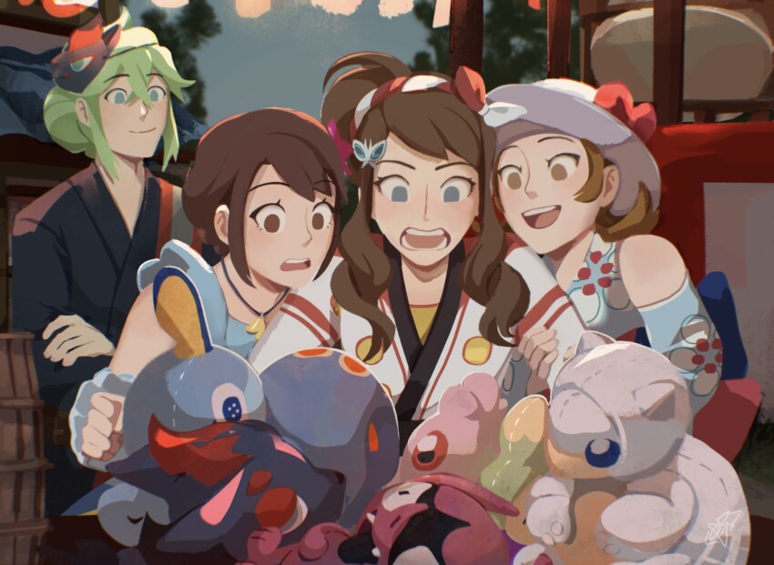 1boy, 3girls, alolan_form, alolan_sandshrew, artist_request, bare_shoulders, black_kimono, brown_eyes, brown_hair, character_doll, closed_mouth, commentary, detached_sleeves, doll, english_commentary, gen_7_pokemon, gen_8_pokemon, gloria_(pokemon), gloria_(summer_2021)_(pokemon), green_hair, hair_between_eyes, hairband, hat, highres, hilda_(pokemon), hilda_(summer_2022)_(pokemon), impidimp, japanese_clothes, jewelry, kimono, looking_down, lyra_(pokemon), lyra_(summer_2020)_(pokemon), mask, mask_on_head, multiple_girls, n_(pokemon), n_(summer_2022)_(pokemon), necklace, nintendo, official_alternate_costume, open_mouth, outdoors, pokemon, pokemon_masters_ex, shirt, sidelocks, smile, sobble, stitches, teeth, tongue, upper_teeth_only, wrist_cuffs