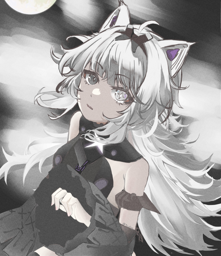 1girl, ahoge, animal_ears, bare_shoulders, cross-shaped_pupils, detached_sleeves, fake_animal_ears, grey_theme