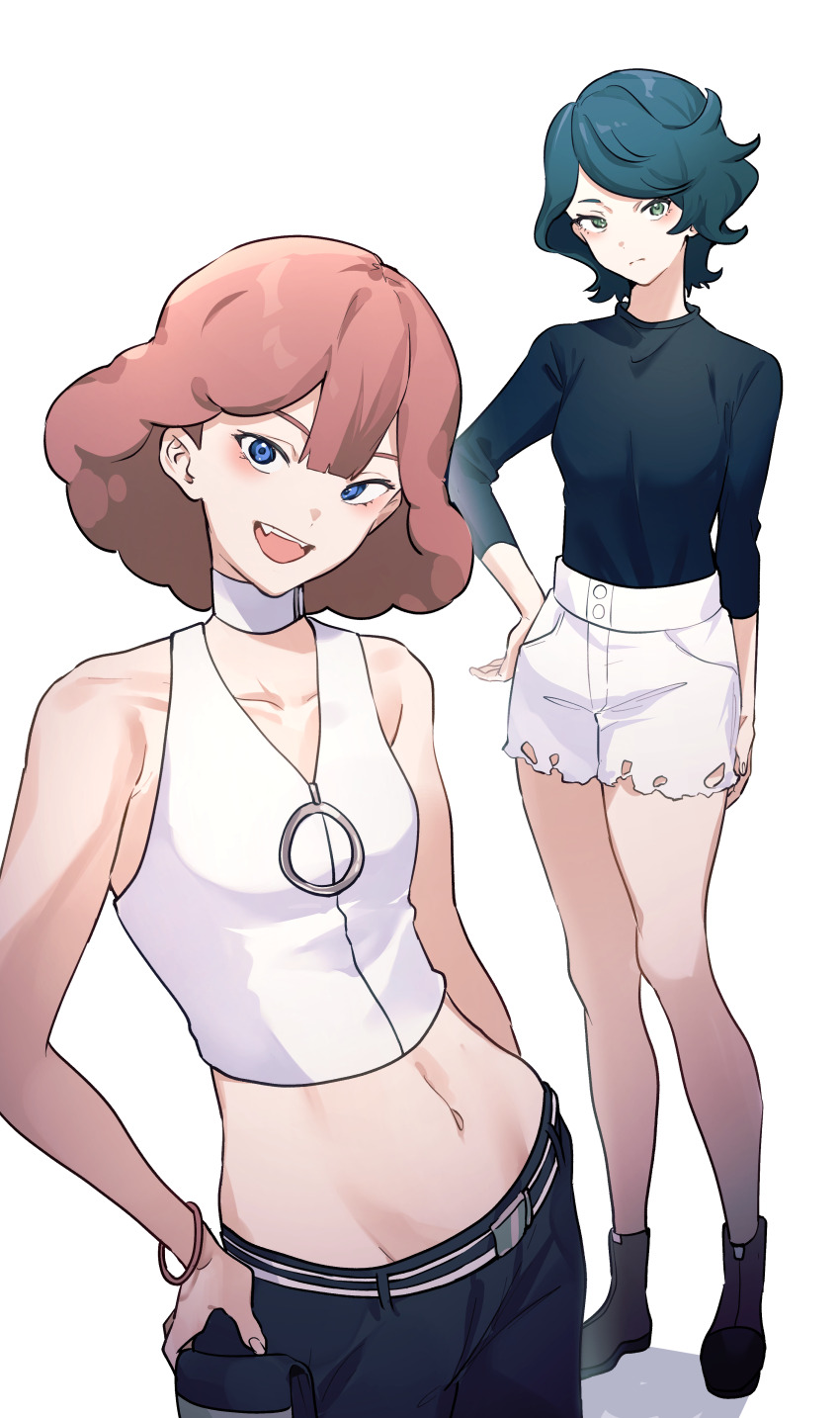 2girls, absurdres, bare_shoulders, belt, black_shirt, blue_eyes, blue_hair, choker