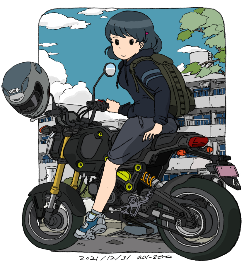 1girl, aoi_zero, artist_name, backpack, bag, blue_hair, blue_jacket, border, building, city, cityscape, cloud, cloudy_sky, dated, day, full_body, grey_shorts, hair_ornament, hairclip, helmet, highres, honda, honda_cb750k, hood, hooded_jacket, jacket, looking_at_viewer, motor_vehicle, motorcycle, motorcycle_helmet, on_motorcycle, original, outdoors, outside_border, road, shoes, short_hair, shorts, sky, sneakers, solo, street, tree, white_border