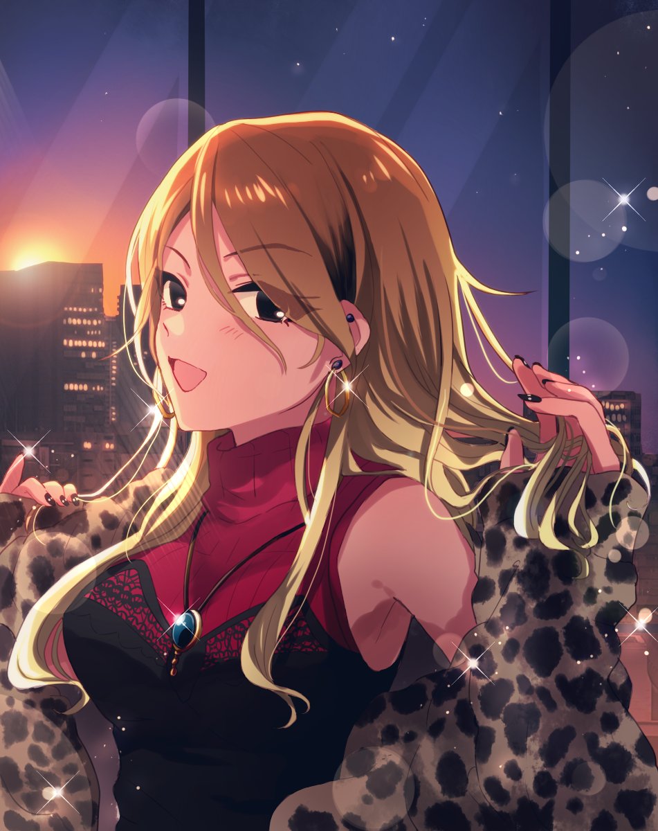 1girl, anaroguya, animal_print, bare_shoulders, black_eyes, black_nails, blonde_hair, blush
