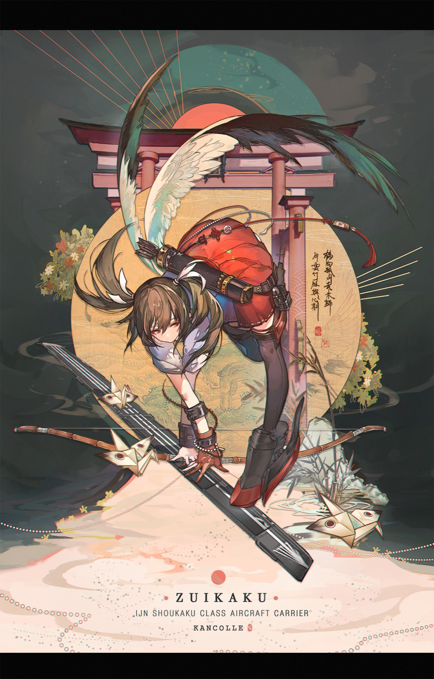 1girl, alternate_eye_color, arrow_(projectile), black_thighhighs, bow_(weapon), brown_gloves, character_name, copyright_name