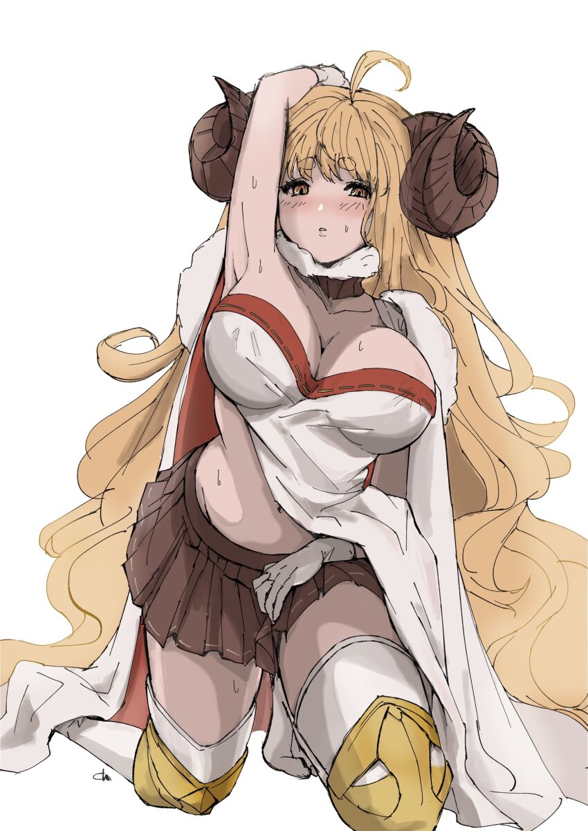 1girl, ahoge, anila_(granblue_fantasy), armpits, bikini, blonde_hair, blush, breasts, brown_skirt, cleavage, coat, curled_horns, draph, eyebrows_hidden_by_hair, fur-trimmed_coat, fur_trim, glanbluefanta, granblue_fantasy, highres, horns, large_breasts, ribbon-trimmed_bikini, ribbon_trim, sheep_horns, short_eyebrows, skirt, solo, thick_eyebrows, thighhighs, thighs, yellow_eyes