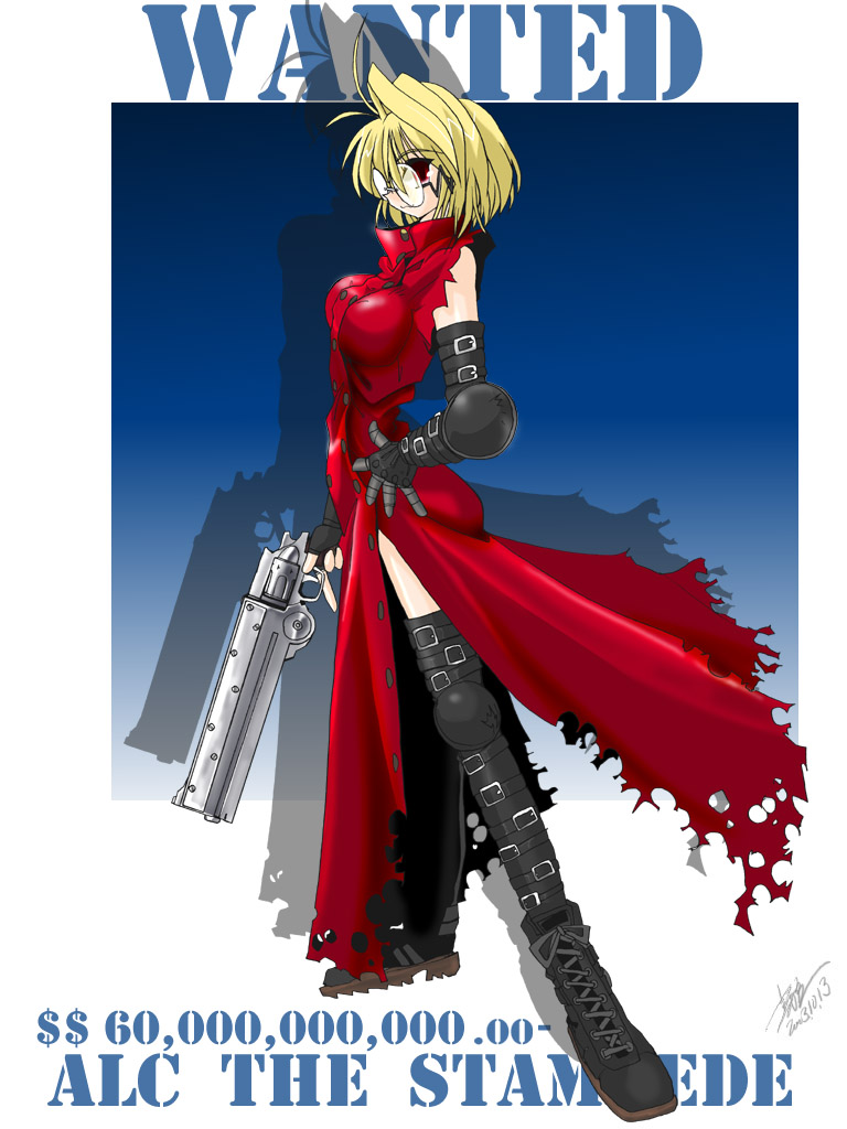 1girl, agl_arms_.45_long_colt, arcueid_brunestud, belt, blonde_hair, boots, break-action_revolver, coat, cosplay, english_text, engrish_text, female_focus, fingerless_gloves, glasses, gloves, gun, hand_on_own_hip, handgun, high_collar, kieyza, long_coat, low_bore_axis_revolver, parody, ranguage, red_coat, red_eyes, revolver, short_hair, sleeveless, solo, thighhighs, torn_clothes, torn_sleeves, trigun, tsukihime, vash_the_stampede, vash_the_stampede_(cosplay), weapon