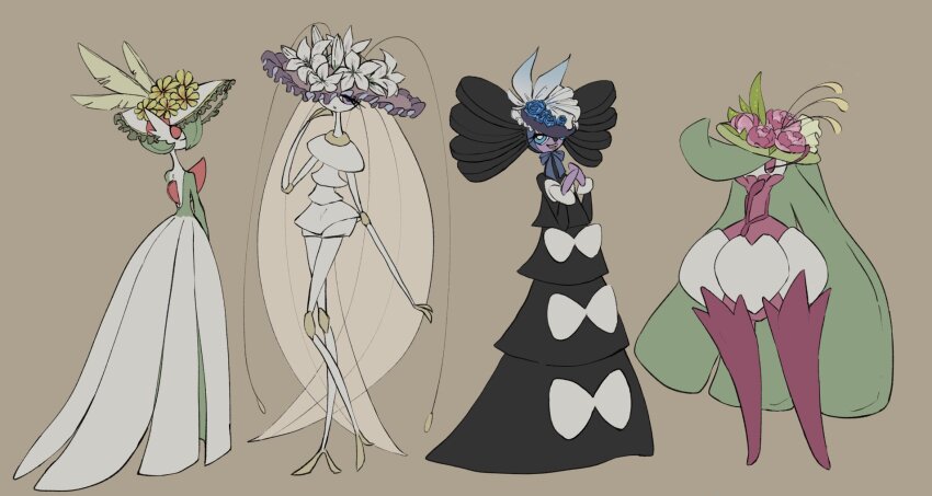 blue_flower, brown_background, closed_mouth, clothed_pokemon, commentary, eyelashes, flower, frills, gardevoir, gen_3_pokemon, gen_5_pokemon, gen_7_pokemon, gothitelle, hand_up, hat, hat_flower, highres, nintendo, pheromosa, pokemon, pokemon_(creature), purple_eyes, purple_flower, standing, torori_toro_(oimo_kenpi), tsareena, ultra_beast, white_flower, white_headwear, yellow_flower