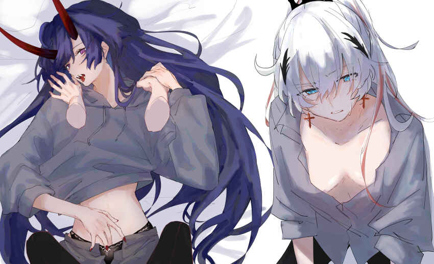 2girls, absurdres, blue_eyes, breasts, cross, cross_earrings, earrings, highres