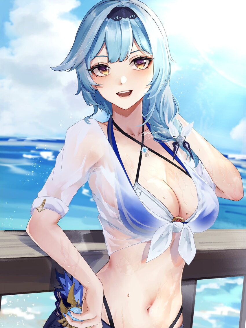 1girl, against_railing, alternate_costume, bikini, black_hairband, blue_hair, blue_sky, braid