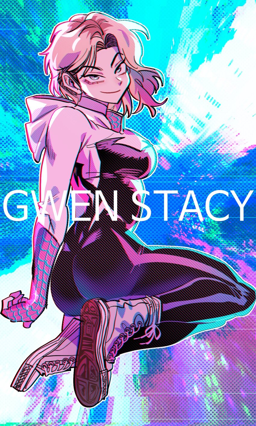 1girl, airborne, animification, ass, black_bodysuit, blonde_hair, blue_eyes, bodysuit