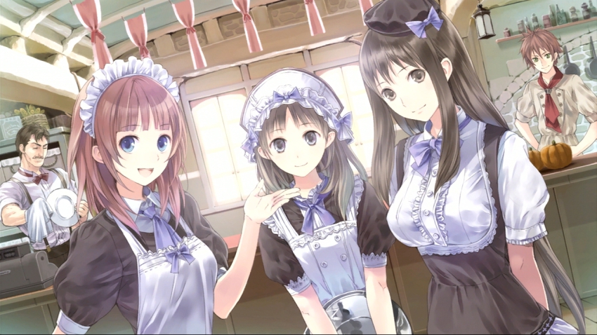 2boys, 3girls, apron, atelier_(series), atelier_totori, black_hair, blue_eyes, blunt_bangs, brown_eyes, brown_hair, buttons, cecilia_helmold, double-breasted, gerhard_konev, hat, headdress, iksel_jahnn, kishida_mel, long_hair, maid, maid_headdress, multiple_boys, multiple_girls, official_art, pumpkin, red_hair, rorolina_frixell, totooria_helmold