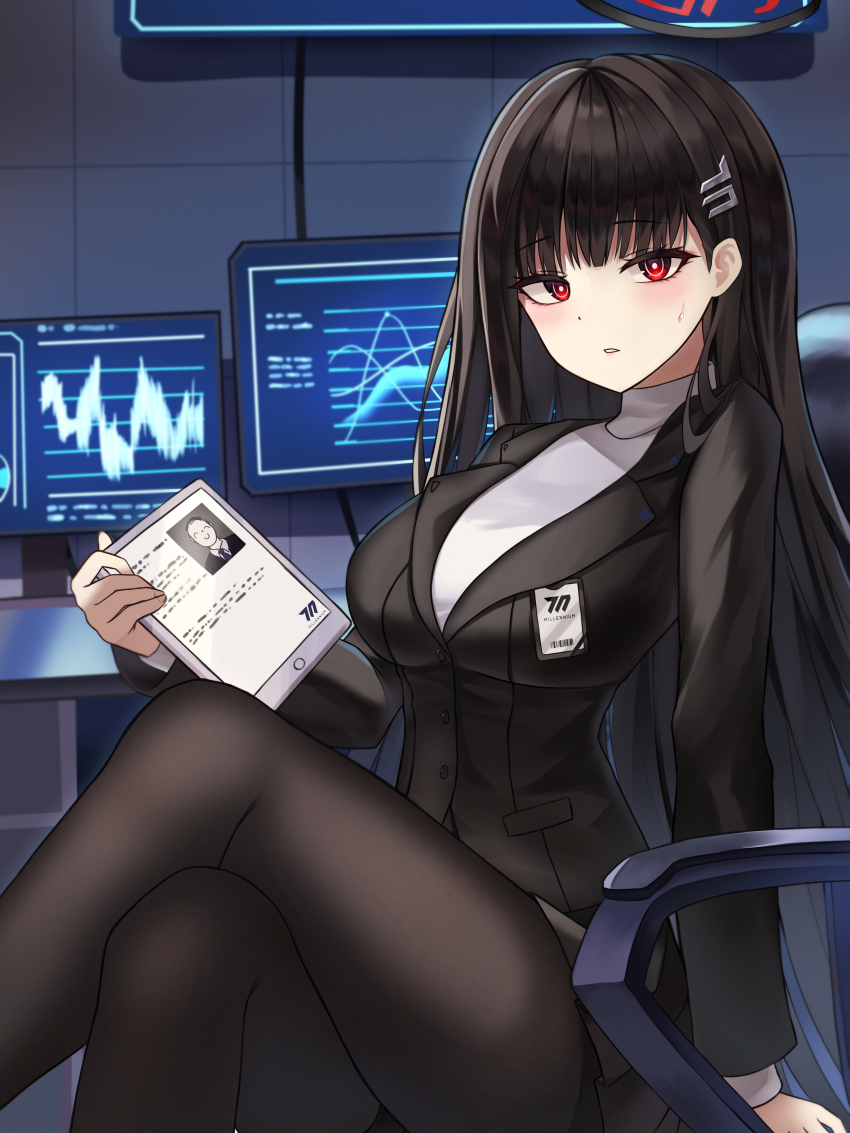 1girl, absurdres, arm_support, doodle_sensei_(blue_archive), black_hair, black_jacket, black_pantyhose, black_skirt