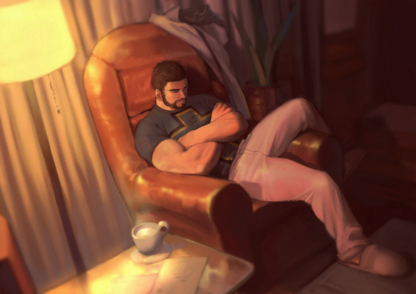 1boy, absurdres, baimeme, bara, beard, black_hair, coffee_mug, couch