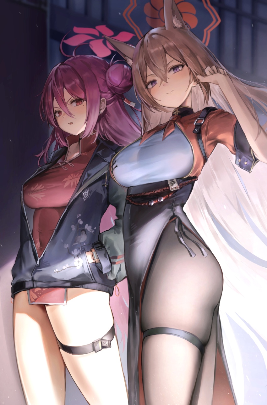 2girls, absurdres, animal_ear_fluff, animal_ears, black_pantyhose, black_skirt, blue_archive, breasts