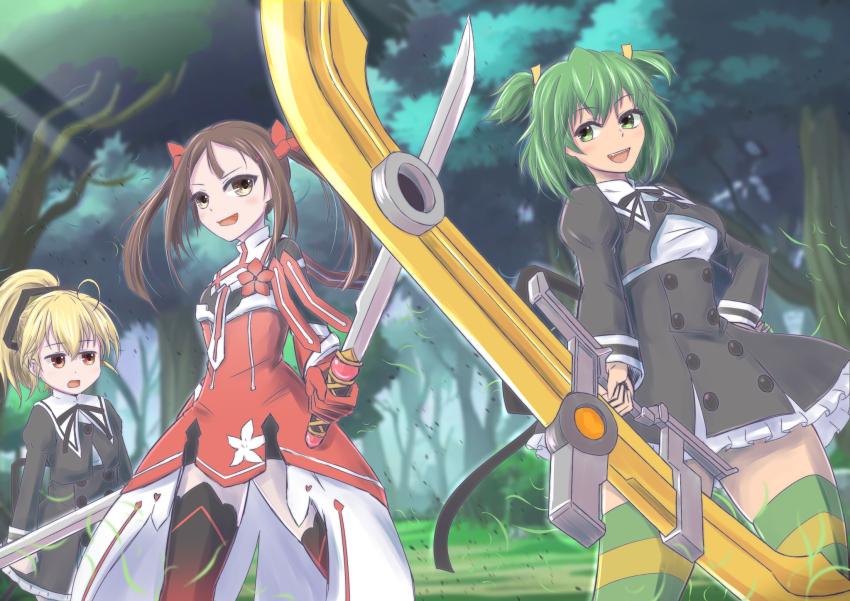 3girls, :d, ando_tazusa, arms_at_sides, assault_lily, black_ribbon, black_skirt, black_thighhighs