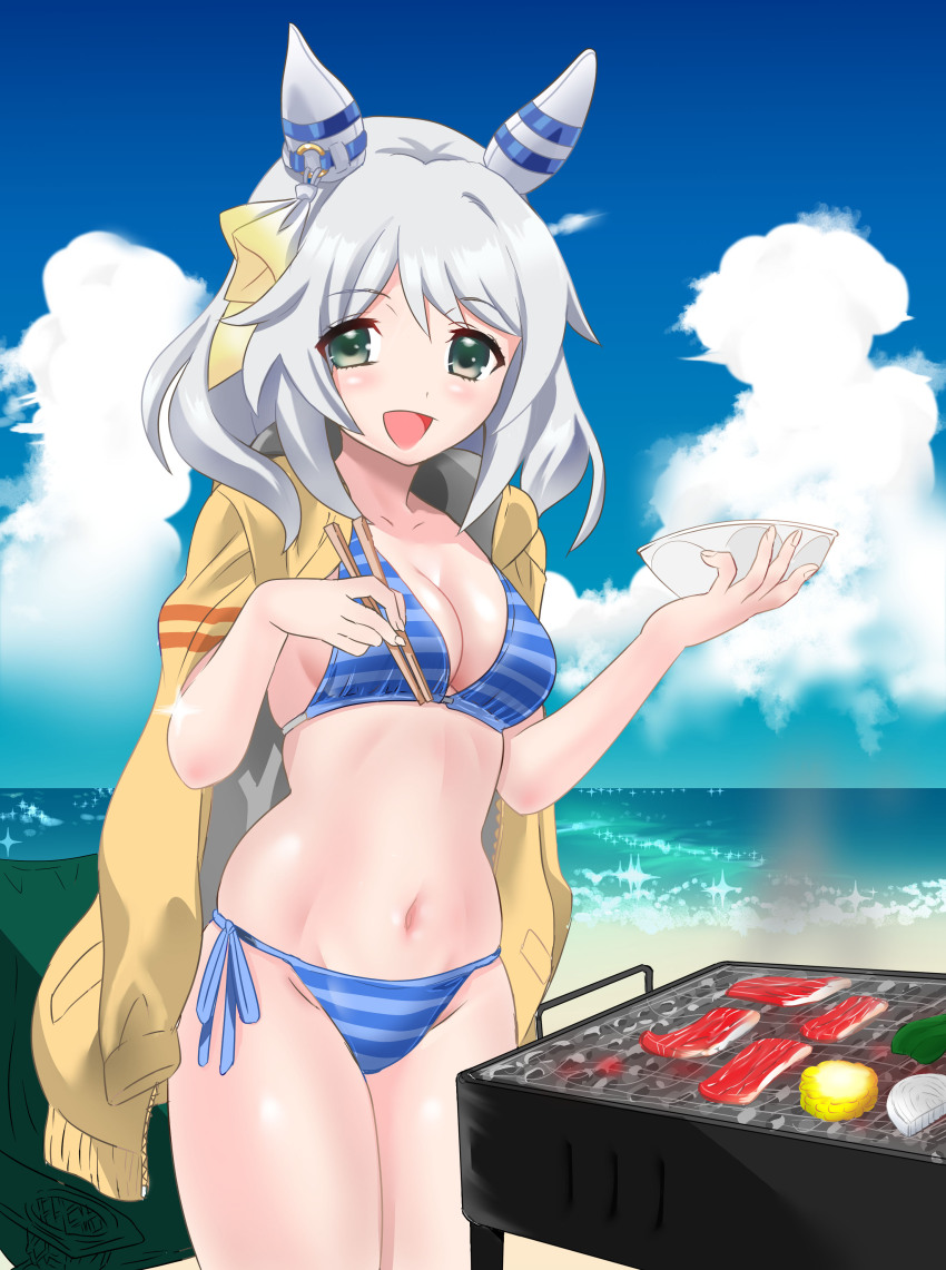 1girl, absurdres, animal_ears, beach, bikini, bikini_under_clothes, blue_bikini, blue_sky