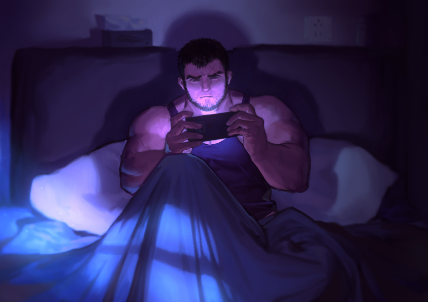 1boy, absurdres, avenger_(dungeon_and_fighter), baimeme, bara, beard, black_hair, black_tank_top