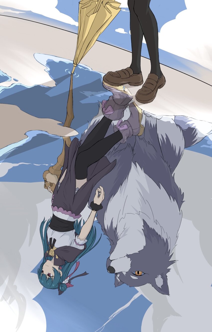 1girl, black_capelet, black_thighhighs, blue_hair, boots, brown_footwear, capelet, different_reflection