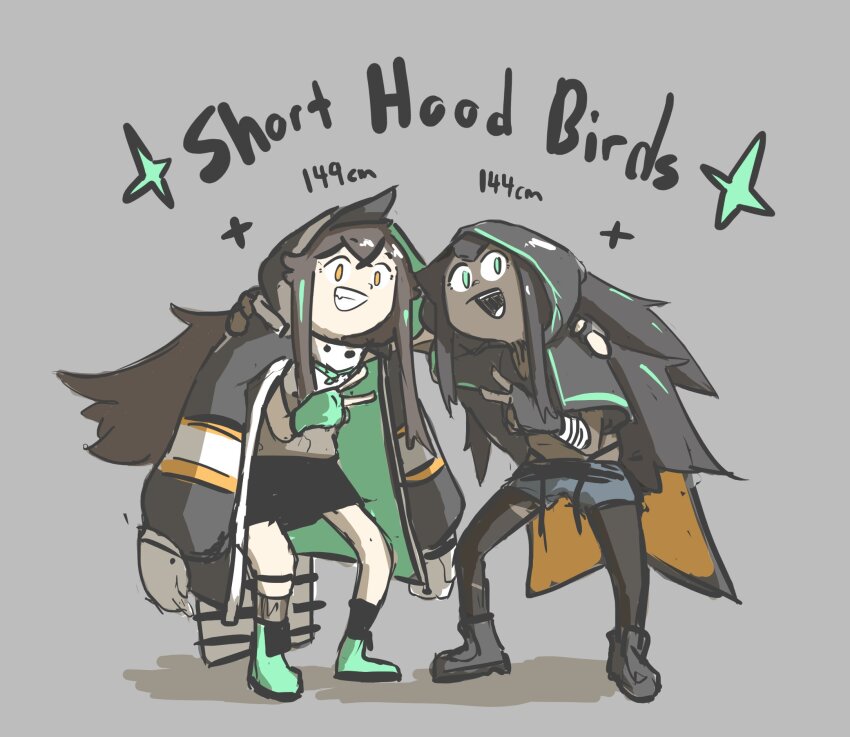 arknights, black_cloak, brown_eyes, brown_hair, cloak, english_text, flint_(arknights), green_eyes