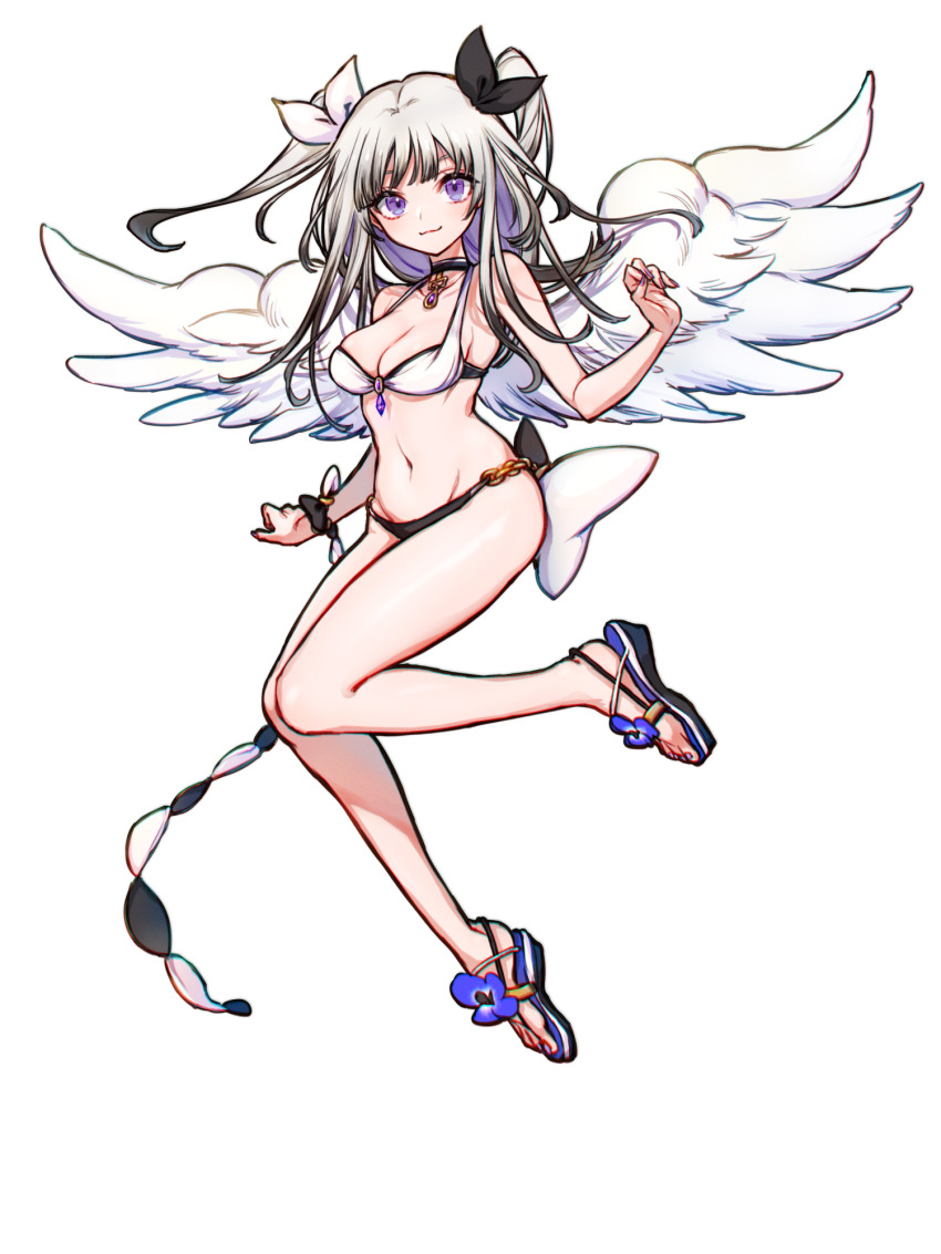 1girl, arisaka_u, bikini, bow, breasts, chain_paradox, chloe_blanche, choker, full_body, gradient_hair, hair_bow, highres, light_smile, long_hair, looking_at_viewer, multicolored_hair, navel, purple_eyes, purple_nails, sandals, small_breasts, smile, swimsuit, transparent_background, white_wings, wings