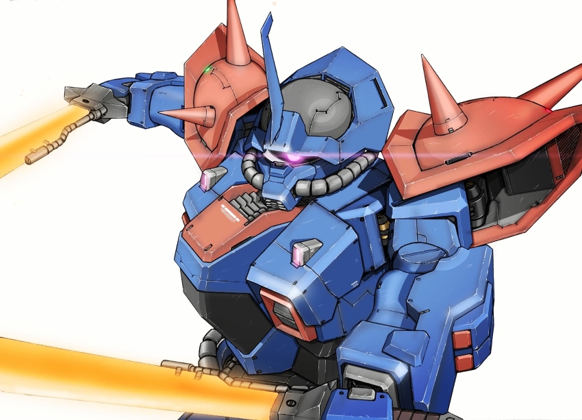 aron_e, energy_sword, commentary, dual_wielding, efreet_custom, glowing, glowing_eye, gundam