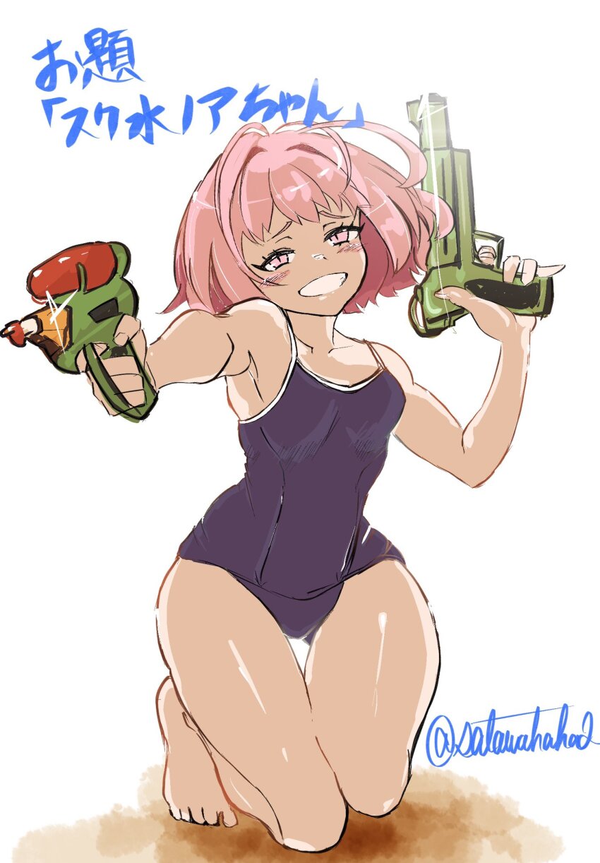 1girl, bare_shoulders, blue_one-piece_swimsuit, breasts, competition_school_swimsuit, dual_wielding, gluteal_fold, goddess_of_victory:_nikke, highres, holding, holding_weapon, noah_(nikke), one-piece_swimsuit, pink_eyes, pink_hair, sata_(satawahaha), school_swimsuit, short_hair, simple_background, small_breasts, solo, swimsuit, thigh_gap, water_gun, weapon, white_background