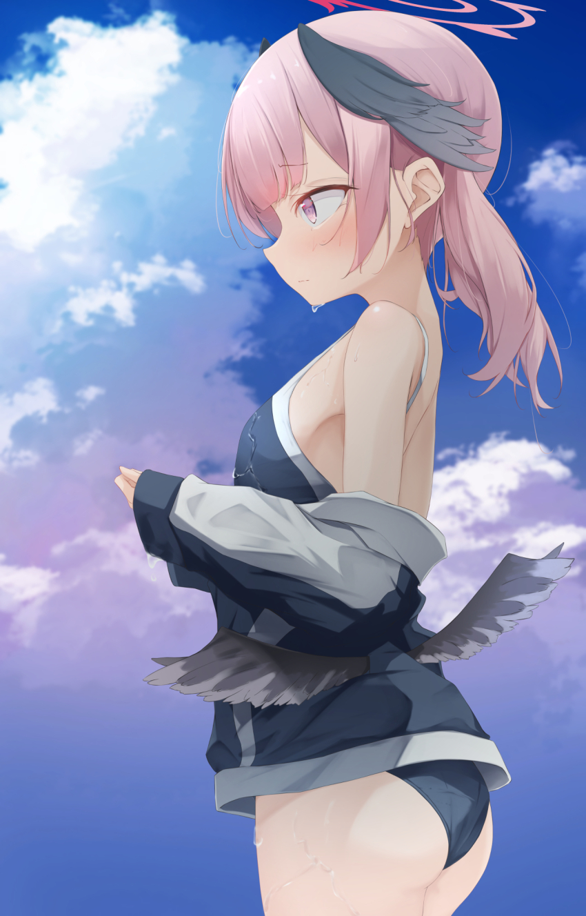 1girl, alternate_costume, armpits, ass, black_wings, blue_archive, blue_sky, blurry