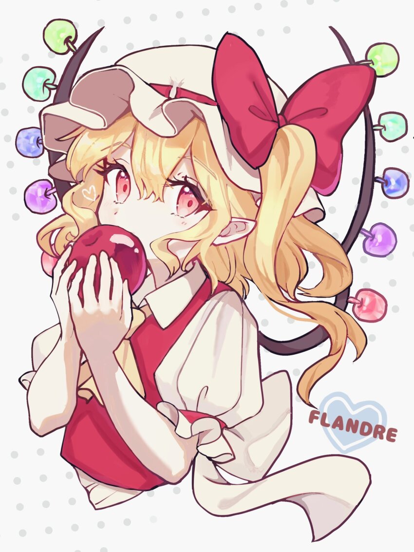 1girl, alternate_wings, apple, ascot, blonde_hair, character_name, cropped_torso, flandre_scarlet
