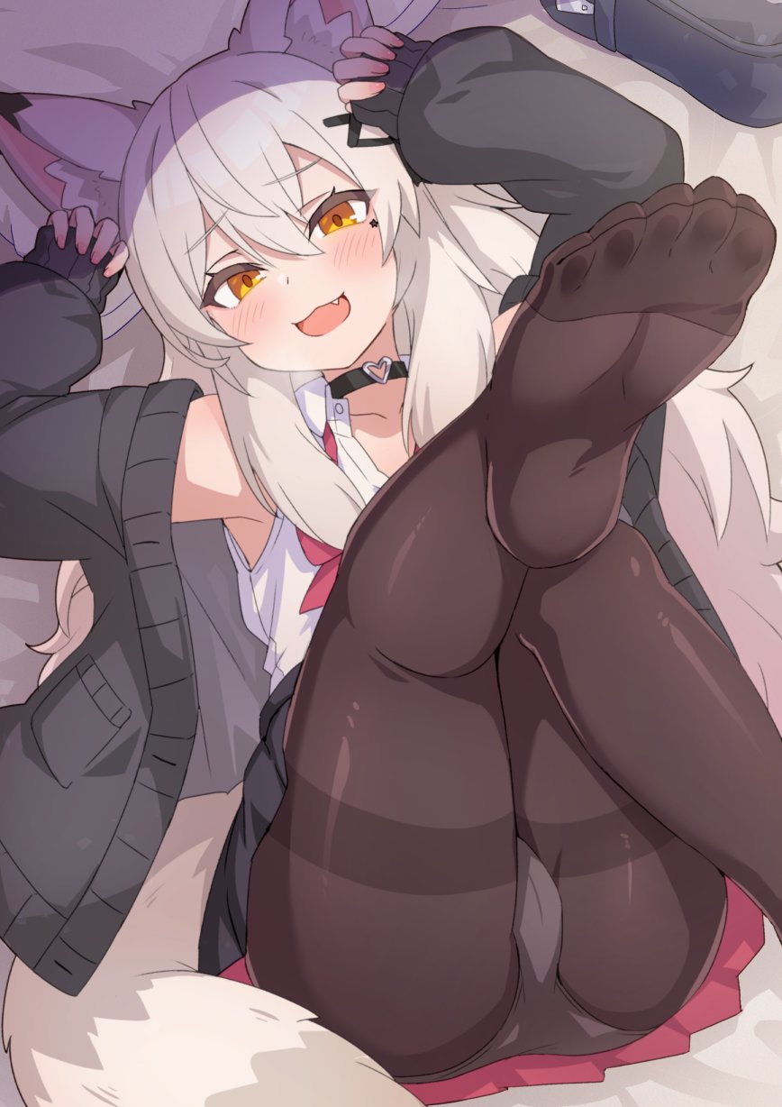 1girl, :d, animal_ears, black_cardigan, black_choker, black_pantyhose, cardigan, choker