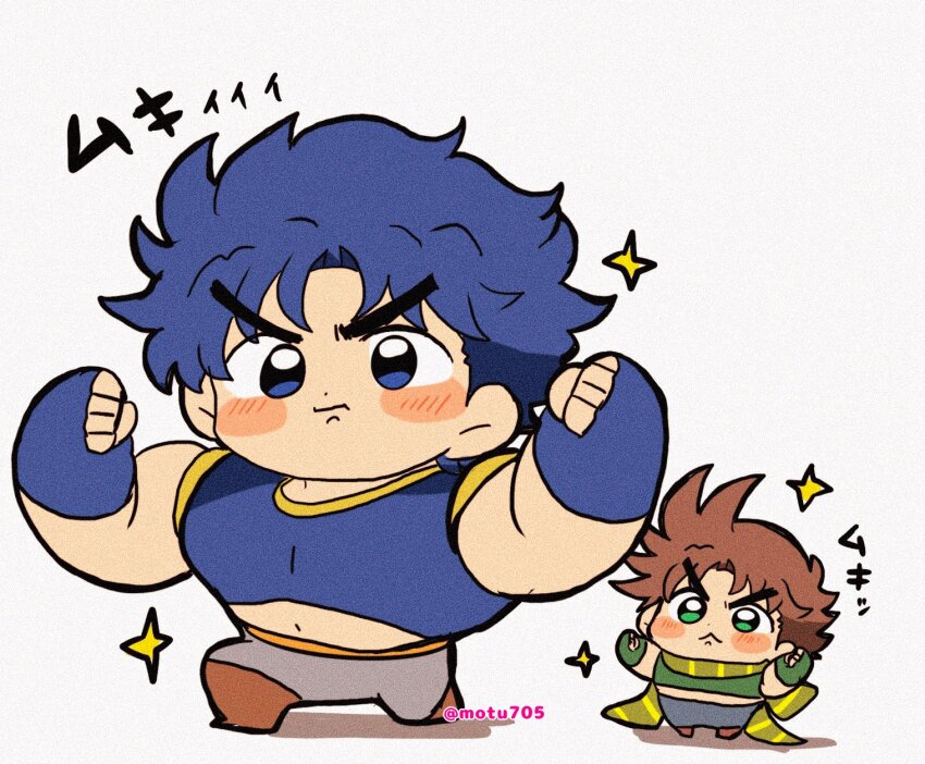 2boys, :<, :i, battle_tendency, blue_hair, blush_stickers, brown_hair, chibi, deformed, double_biceps_pose, fingerless_gloves, flexing, full_body, gloves, highres, jojo_no_kimyou_na_bouken, jonathan_joestar, joseph_joestar, joseph_joestar_(young), male_focus, midriff, motu705, multiple_boys, muscular, muscular_male, navel, phantom_blood, short_hair, sideburns, size_difference, sparkle, thick_eyebrows, translation_request, v-shaped_eyebrows