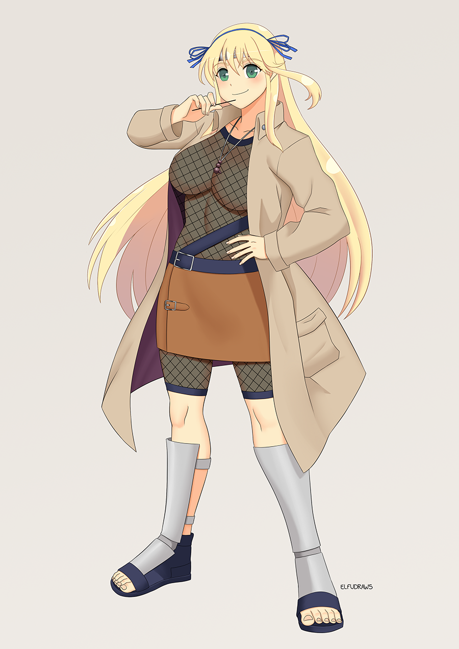 1girl, belt, blonde_hair, blue_belt, blush, bodystocking, breasts, collarbone, commission, cosplay, covered_navel, crossover, duster, fishnet_bodystocking, fishnets, forehead_protector, green_eyes, grey_background, hair_ribbon, headband, highres, holding, holding_stick, jewelry, katsuragi_(senran_kagura), large_breasts, leg_armor, linea_alba, long_hair, mitarashi_anko, mitarashi_anko_(cosplay), naruto_(classic), naruto_(series), navel, necklace, ninja, open_clothes, pendant, ribbon, rozack, sandals, senran_kagura, senran_kagura_shoujo-tachi_no_shin'ei, shin_guards, simple_background, skirt, smile, solo, stick