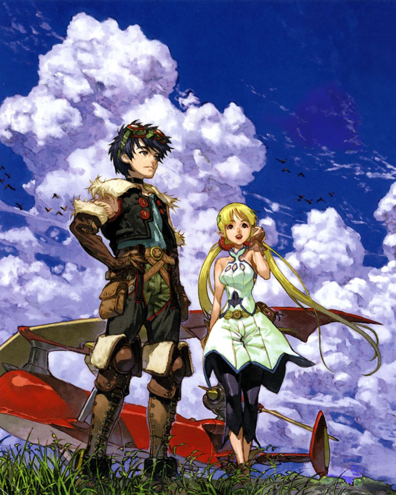 1boy, 1girl, aircraft, airplane, alfina_(grandia), belt, bird, black_choker