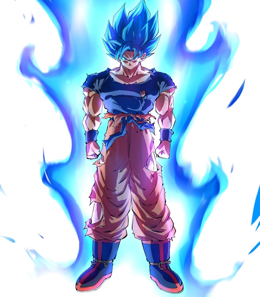 1boy, absurdres, aura, battle_damage, biceps, blue_eyes, blue_footwear, blue_hair
