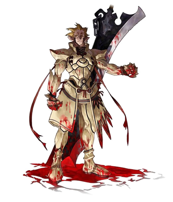 1boy, armor, blonde_hair, blood, blood_on_hands, blood_splatter, bloody_weapon, closed_mouth, earrings, emellious_(grandia), expressionless, full_armor, full_body, grandia, grandia_iii, jewelry, looking_at_viewer, male_focus, official_art, pointy_ears, simple_background, single_earring, solo, spiked_hair, standing, sword, weapon, white_armor, white_background, yoshinari_you