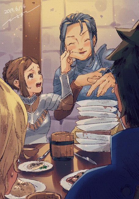 1girl, 3boys, armor, arngrim, black_hair, blonde_hair, blue_hair, brown_hair