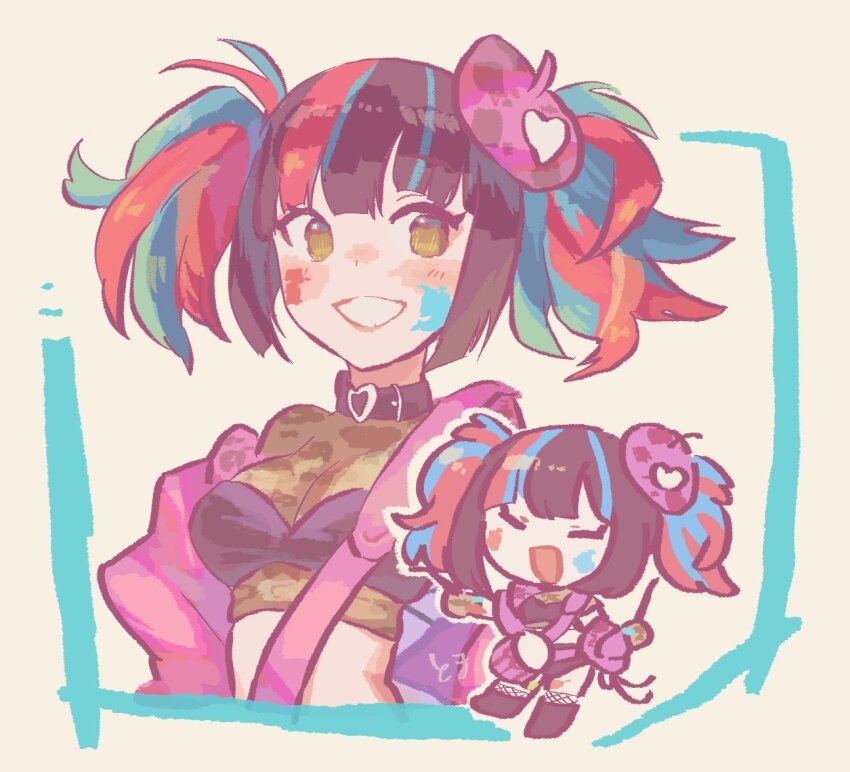 1girl, :d, animal_print, beret, black_choker, black_hair, blue_hair, choker