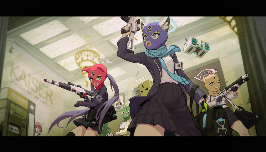 5girls, aru_(blue_archive), assault_rifle, bag, balaclava, bank, beretta_ar70/90, blue_archive