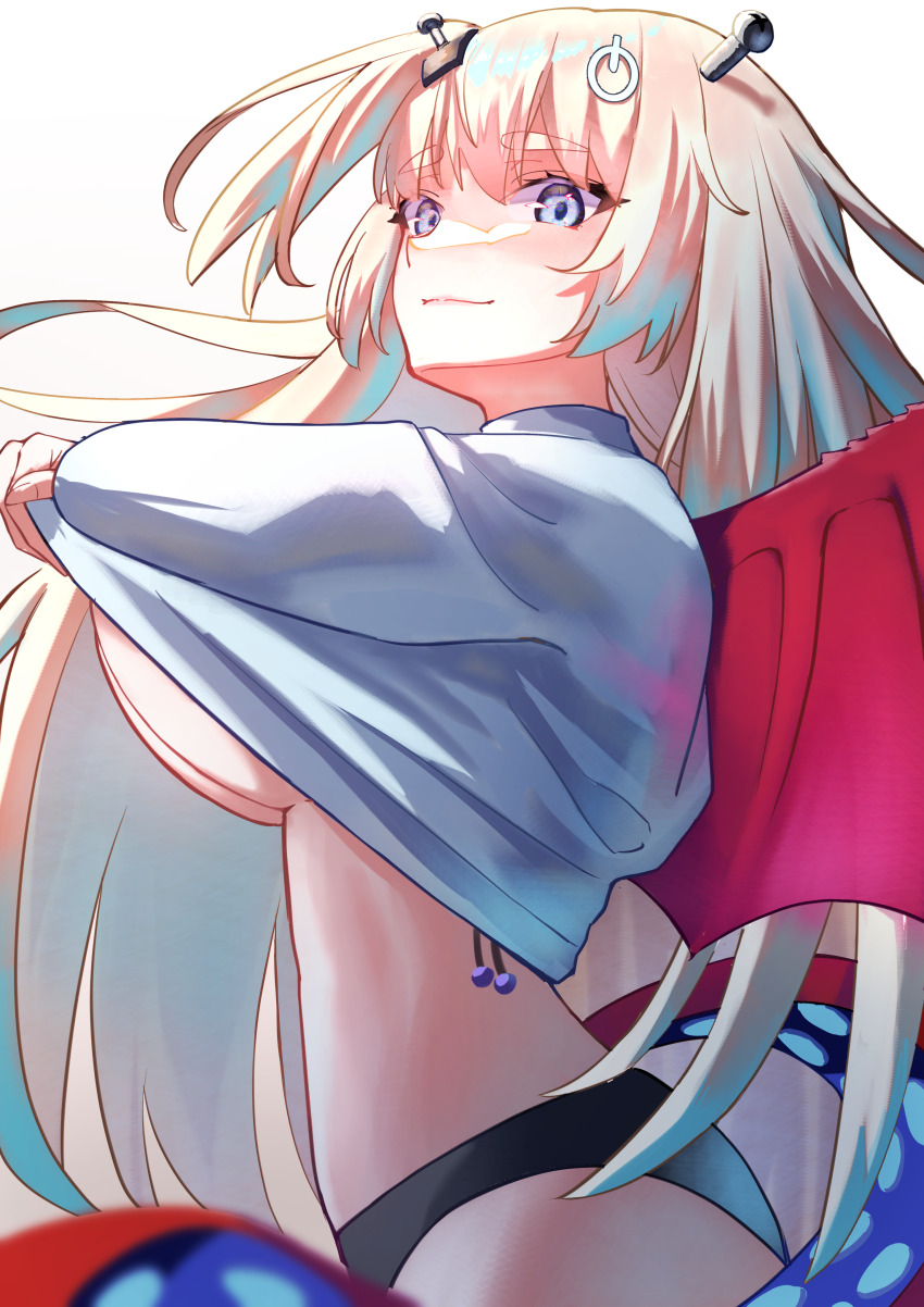 1girl, absurdres, android, black_panties, blonde_hair, blue_eyes, breasts, clothes_lift, dragon_girl, dragon_tail, dragon_wings, hair_ornament, highres, hime_hajime, huge_breasts, long_hair, looking_at_viewer, mozzu123, no_pants, object_through_head, panties, power_symbol, power_symbol_hair_ornament, screw_in_head, shirt, shirt_lift, smile, solo, tail, underboob, underwear, virtual_youtuber, vshojo, white_shirt, wings
