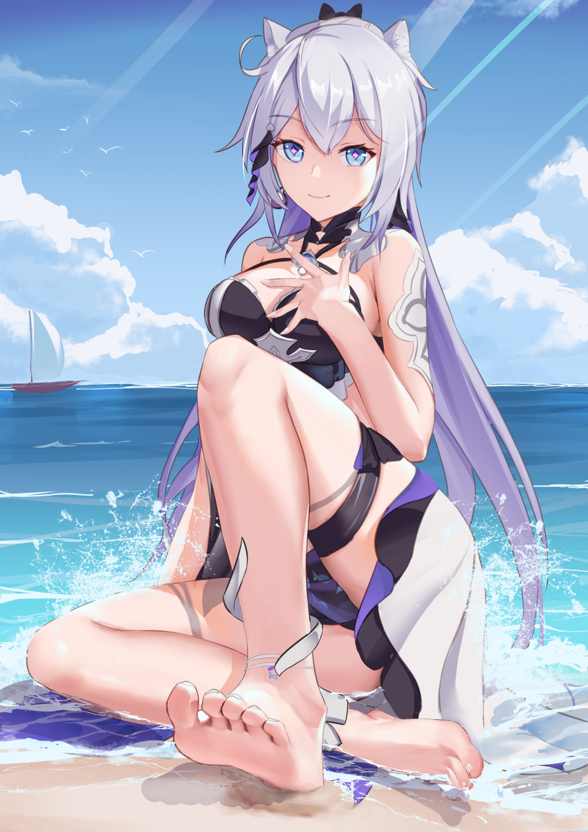 1girl, absurdres, animal_ears, barefoot, beach, blue_eyes, cat_ears, feet, highres, honkai_(series), honkai_impact_3rd, kiana_kaslana, kiana_kaslana_(herrscher_of_finality), kiana_kaslana_(selenic_ripples), long_hair, looking_at_viewer, nail_polish, silver_hair, smile, soles, splashing, toes, water, white_nails