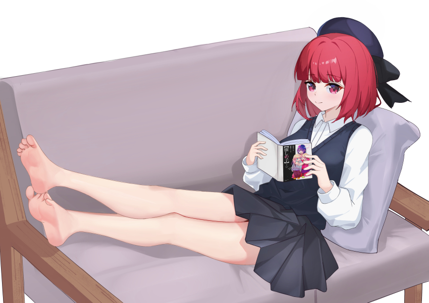 1girl, absurdres, arima_kana, barefoot, book, feet, highres, kurosti, looking_at_viewer, medium_hair, oshi_no_ko, reading, red_eyes, red_hair, smile, soles, toes
