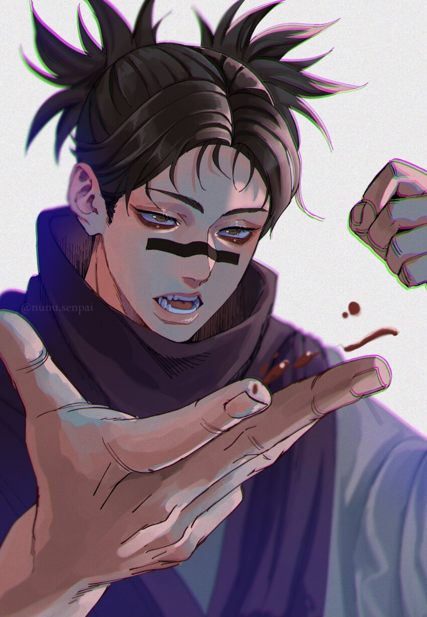 1boy, armor, black_hair, black_scarf, blood, choso_(jujutsu_kaisen), chromatic_aberration, facial_tattoo